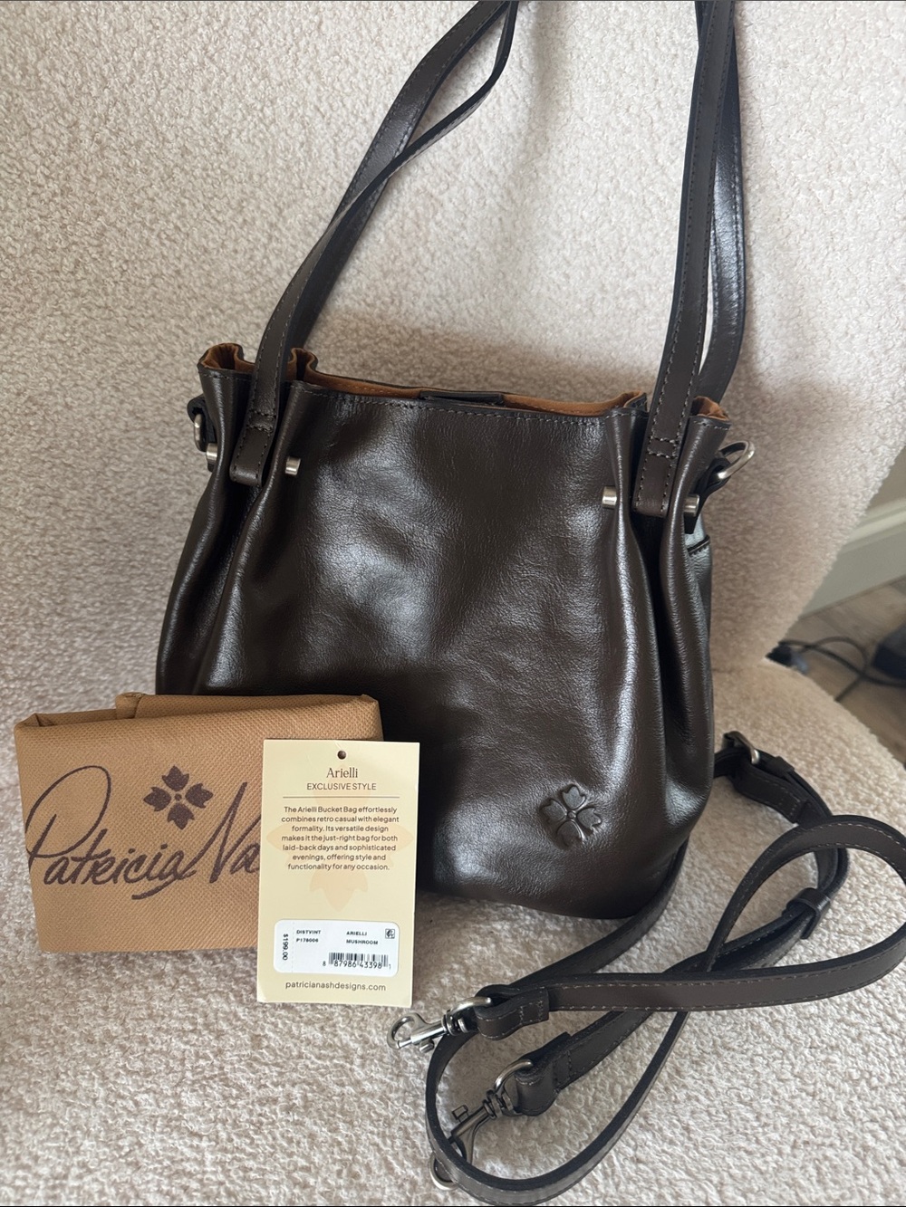 Patricia Nash Chocolate Brown Leather Shoulder Bag with Adjustable Strap
